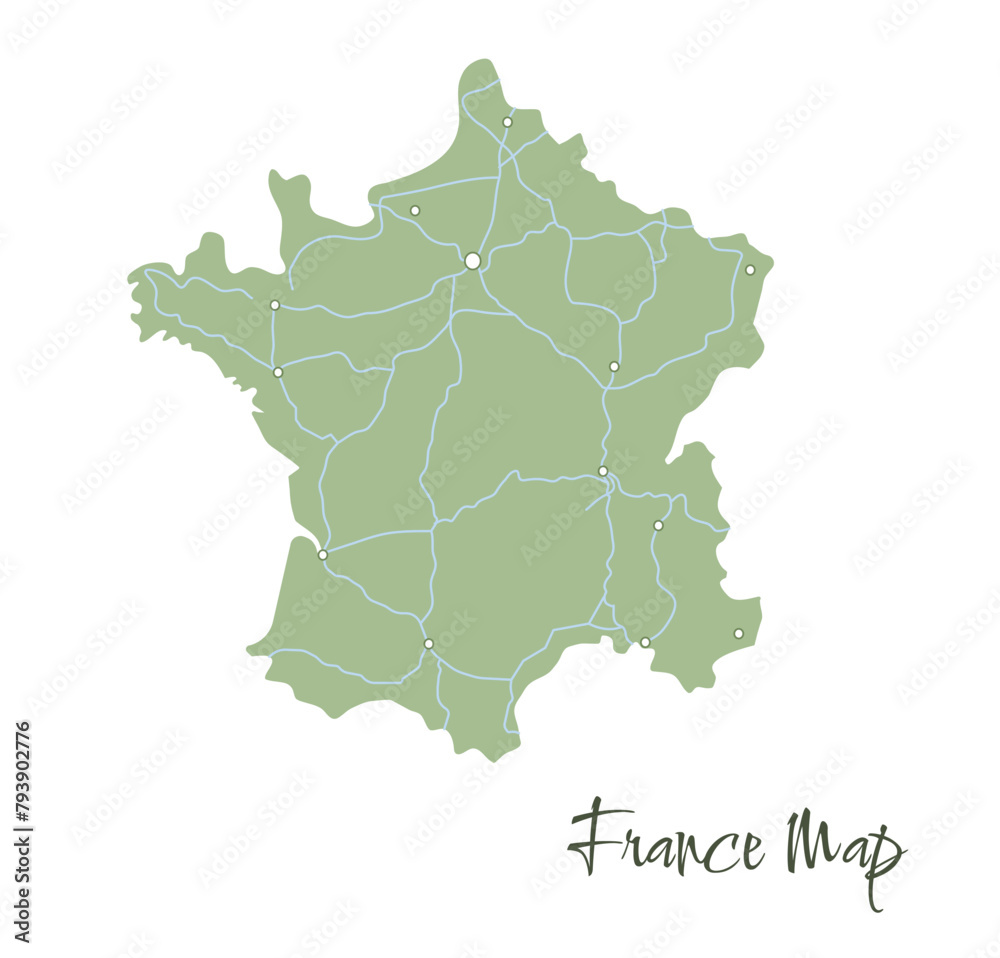 Vector illustration of french map with main cities and rives. Map of France simple vector silhouette on a white background.