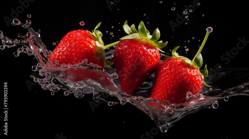 Three strawberries in water on black background