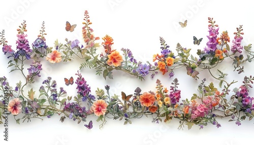 Botanical illustration wavy garland of bronze colored madame butterfly snapdragons weaved through grapevine with other victorian elements and butterflies on solid white backdrop. Generative AI. photo
