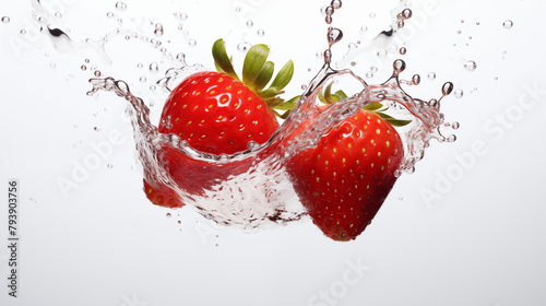 two strawberries in water on white background