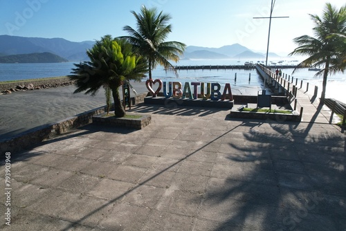 Welcome sign of Ubatuba  seen from drone