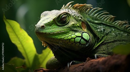 Green Iguana closeupon branch  animal closeup