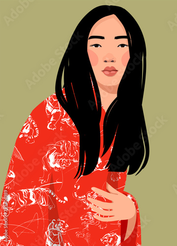 charming young east asian woman . with long dark hair. Oriental beauty in a traditional kimono outfit. Korea japan china