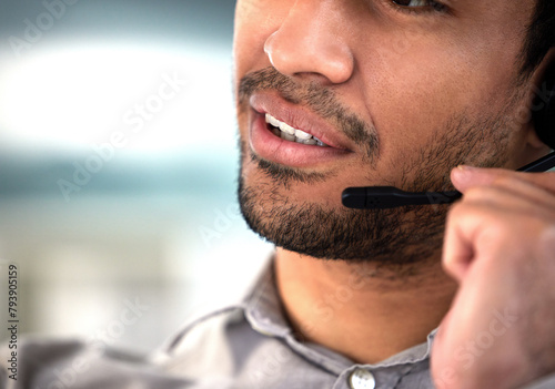Call center, man and mic with communication in office for customer service, telemarketing or consulting. Businessman, headset and technology with help for client support, sales advice and discussion