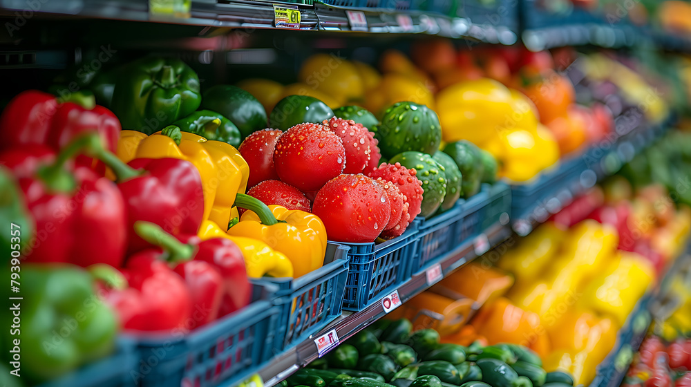 Fresh vegetables on supermarket shelves with a diverse assortment, shopping concept for banner design. Abstract blurred background with selective focus
