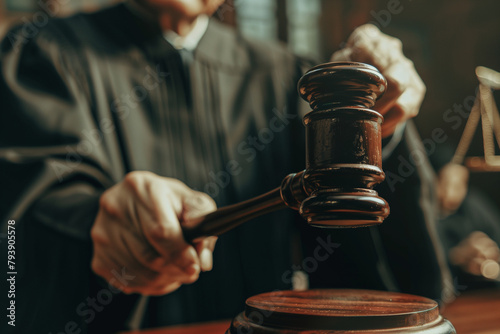 professional close-up highlighting the decisive moment of a judge wielding a gavel in the courtroom, signaling the commencement or conclusion of proceedings, against a muted backgr photo