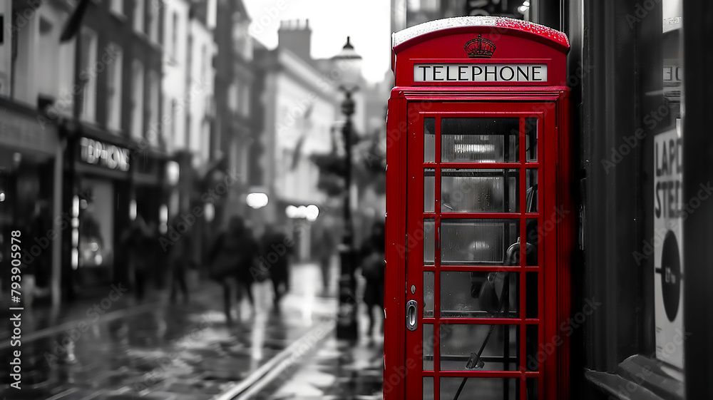 A black and white photography of a city street scene with a vintage telephone box. The telephone box is vivid red tone, standing out as the only element in color A black and white photography of a city street scene with a vintage telephone box. The telephone box is vivid red tone, standing out as the only element in color