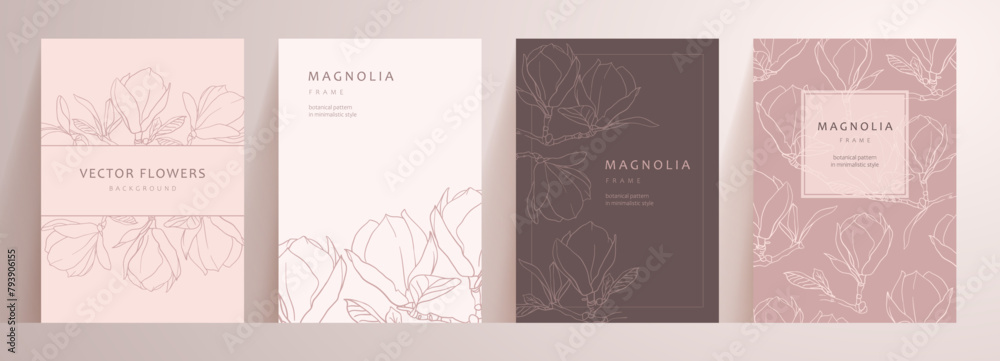 Set of Pink abstract floral cards. Neutral minimal background in pastel colors with magnolia flowers. Botanical line card templates. Vector for social media post, invitation, card, design, advertising