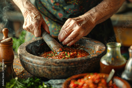 Elderly woman hands meticulously grinding fresh herbs and spices in a stone mortar, capturing the timeless art of traditional cooking. photo