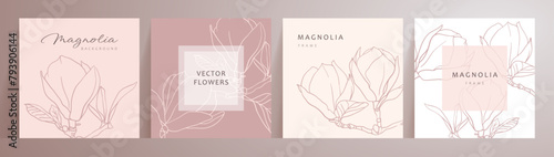 Set of Pink abstract floral cards. Neutral minimal background in pastel colors with magnolia flowers. Botanical line card templates. Vector for social media post, invitation, card, design, advertising