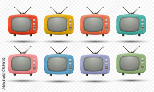 Vector 3d Vintage TV Set Icon Set. Retro TV Icons, Design Template, Clipart. Retro TV Symbol for Web, Logo, App, UI