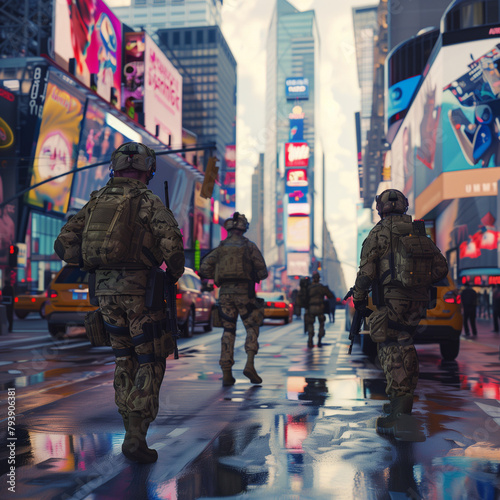 Soldiers walking in a city