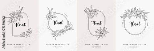 Set of floral daffodil frame logo line art. Flower narcissus wreath, border with branch and leaves. Botanical round ornament monogram. Elegant vintage simple emblem vector illustration