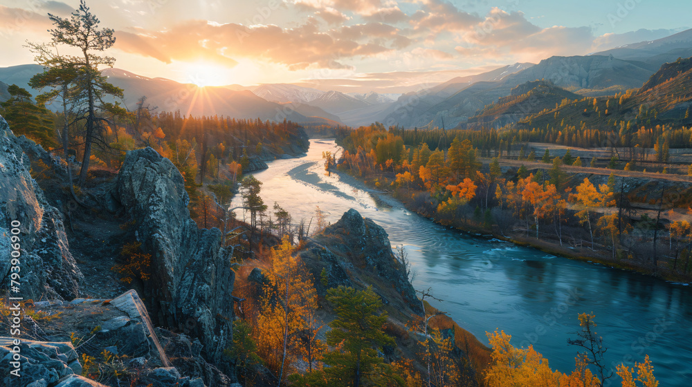 Katun river in autumn mountains at sunset. 