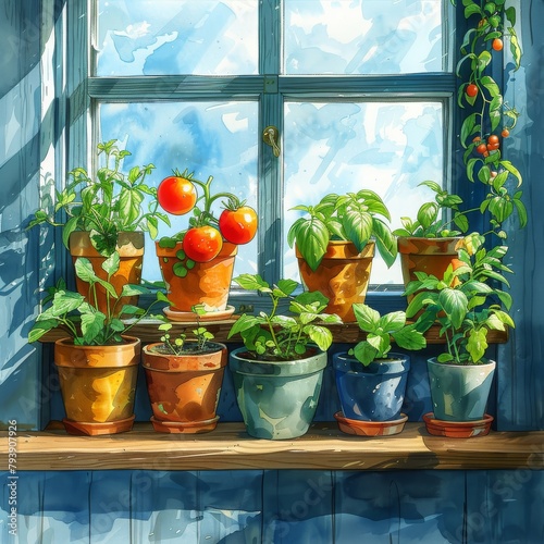 A watercolor painting of a windowsill with potted plants and herbs.