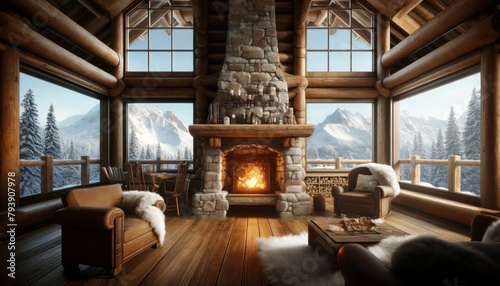 Cozy Mountain Cabin Interior with Majestic Fireplace 