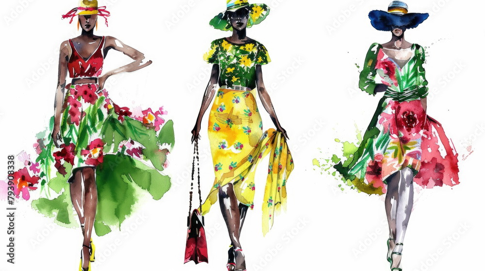 Fototapeta premium Three women wearing dresses and hats are elegantly walking down a fashion runway