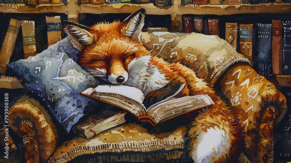 Fototapeta premium A painting depicting a fox engaged in reading a book