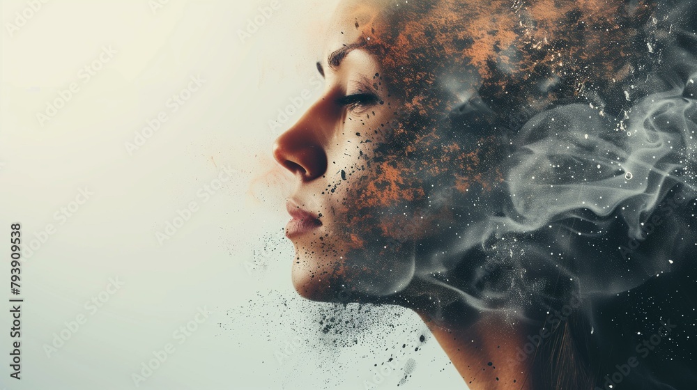 Fototapeta premium Blending effect, woman with smoke coming out of her head, eyes closed fashion model brown hair fashion wet