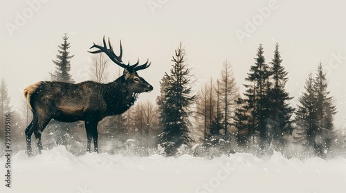 Double exposure animal, deer in snow, horned stag fur snowing coniferous tree © antkevyv