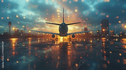Business travel concept, airplane landing at on runway with city lights in background, technology tourism passenger propeller aerospace industry photo