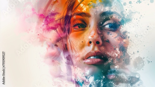 Blending effect, woman with colorful splash of paint, drop wet color cute fun