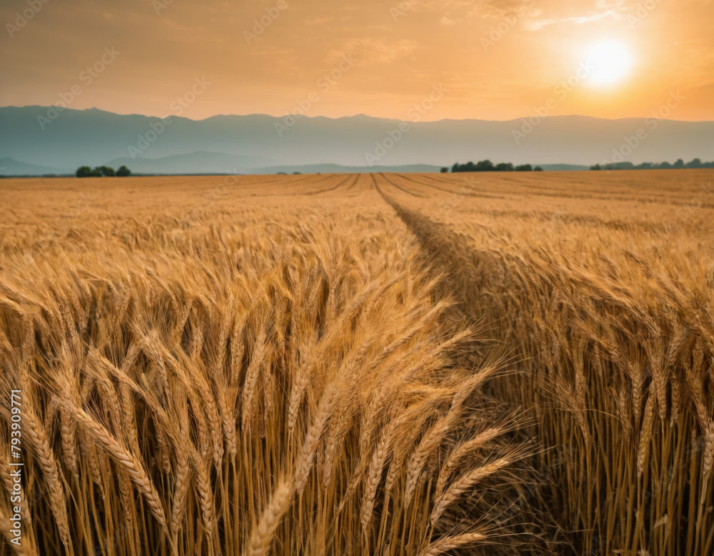 Obraz premium Golden Wheat Field at Sunset with Mountains Backdrop
