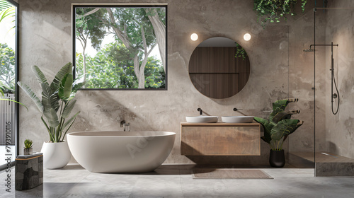 Modern luxury bathroom interior with beige walls bathtub