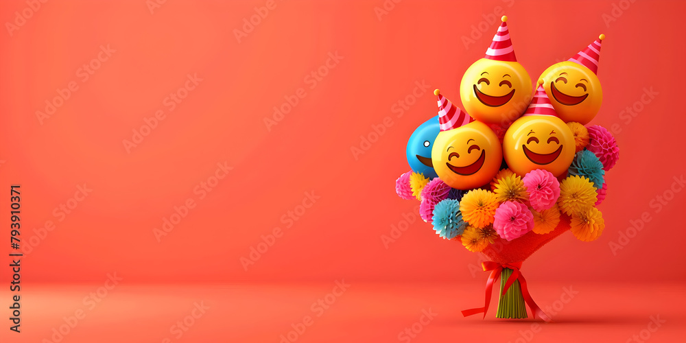 Happy Birthday smiley bouquet vector design on red background and space for text background A bouquet of balloons with a happy face and a smile on them. surprise vector concept emoji smiley in birthda