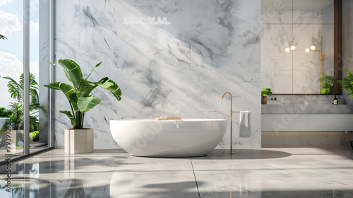 Modern luxury bathroom white marble walls bathtub 