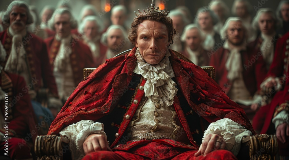 Obraz premium A man dressed in historical regal attire sits on a throne, exuding power and authority