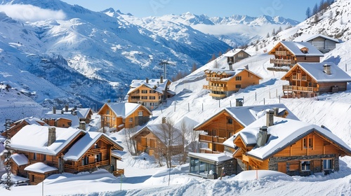 A picturesque winter scene at Les Menuires in the French Alps, featuring typical alpine wooden houses and a ski resort