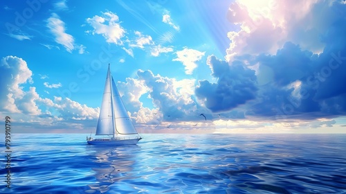 A sailing boat blurs through the ocean, its sails full against a background of blue waters and fluffy clouds