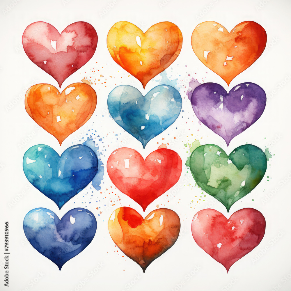 Watercolor Thick Impasto Hearts Illustration, Generative Ai