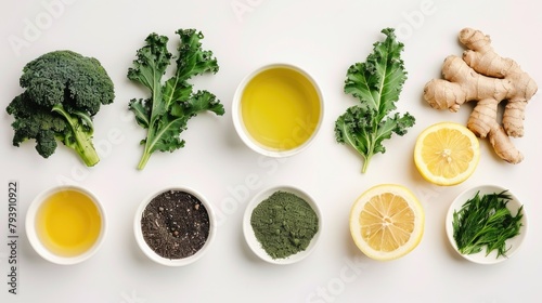 Fresh Kale, Broccoli, Ginger, and Lemon on White Background