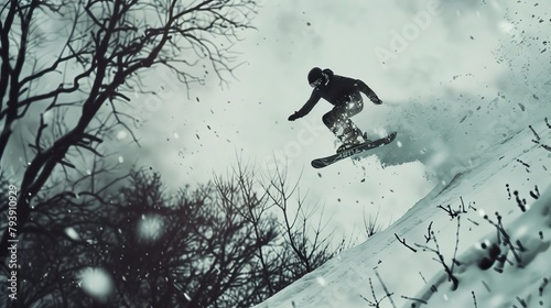 A snowboarder launches off a snowy hill with his board, soaring through the air photo