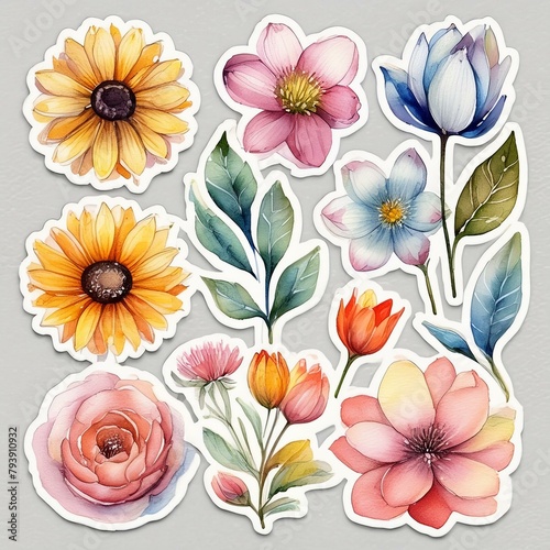 A set of watercolor flower stickers