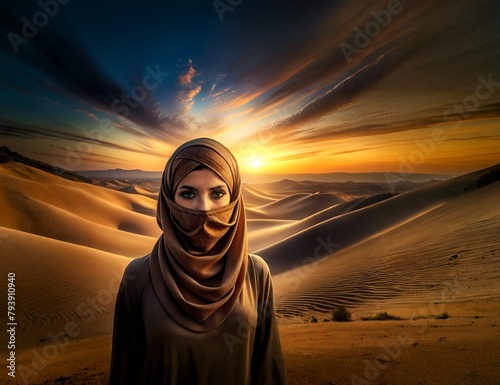 A beautiful arabiawoman in a hijab stands in the desert with the sunset behind her head.Ai generated
