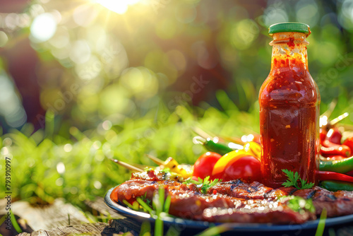 Summer BBQ Picnic in Nature. A bottle of homemade chili sauce sits prominently in the sun-drenched meadow, accompanied by a plate of grilled meats and vibrant vegetables, ready for a summer feast.