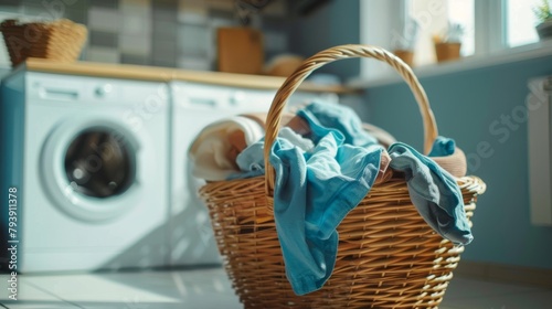 Housework concept - basket with dirty worn laundry in laundry room with washing machine in background