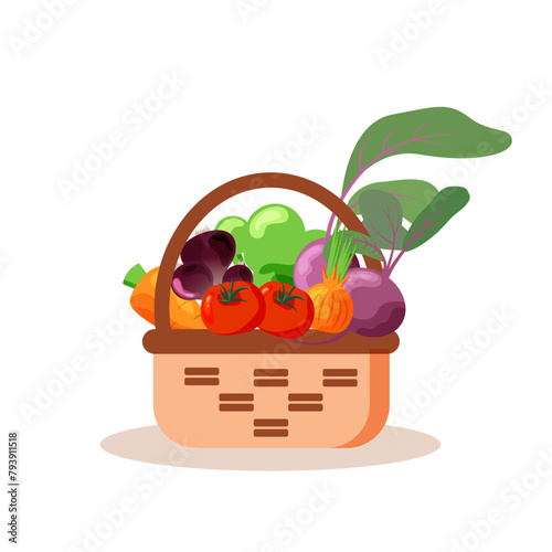 Bright vector illustration with vegetables as carrot, broccoli, onion, beet, tomato and garlic in a basket.

