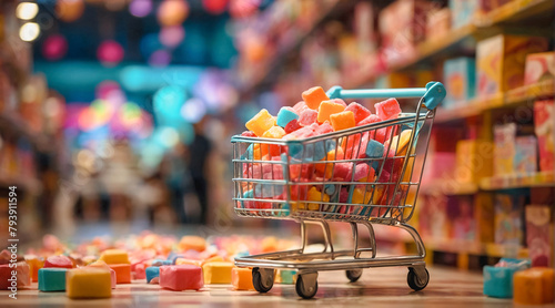 Mini shopping cart full of sweet colorful candies, jelly candy and confections in candy shop