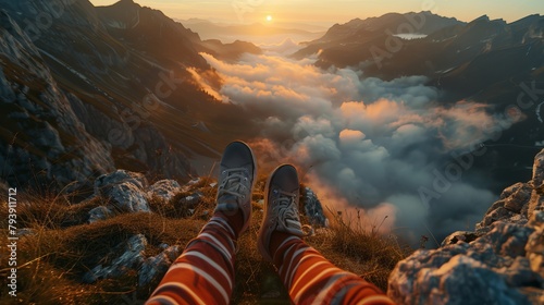 Traveler's legs clad in striped light shoes extend toward a mountain peak above a fog-filled valley with the sun on the horizon photo