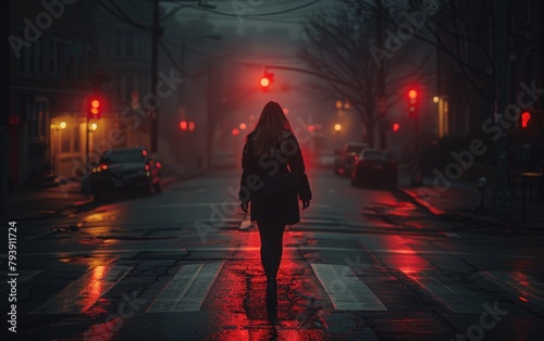 Eerie and cinematic image of a woman crossing the street with multiple red traffic lights, evoking mystery and a moody vibe photo