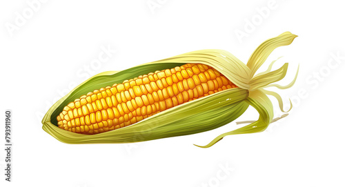 Vibrant illustration of a ripe ear of corn with green husk leaves, showcasing its yellow kernels. Generative AI