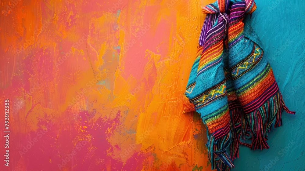 Vibrant Mexican rebozo against a colorful backdrop with room for text