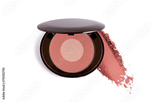 Round pink blusher and blush stroke. Sample of cosmetic product