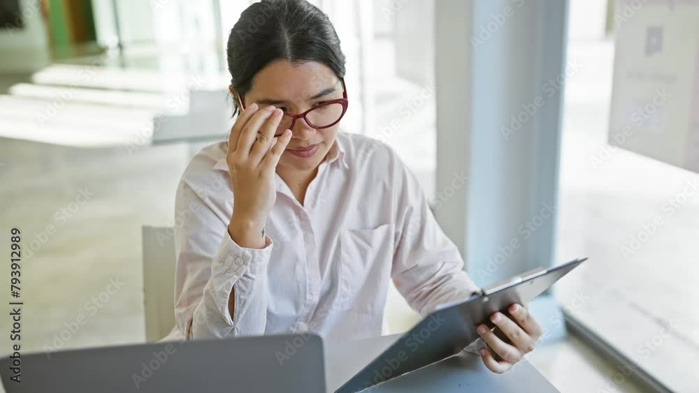 Thoughtful hispanic woman reviewing documents in a modern office setting. Thoughtful hispanic woman reviewing documents in a modern office setting.