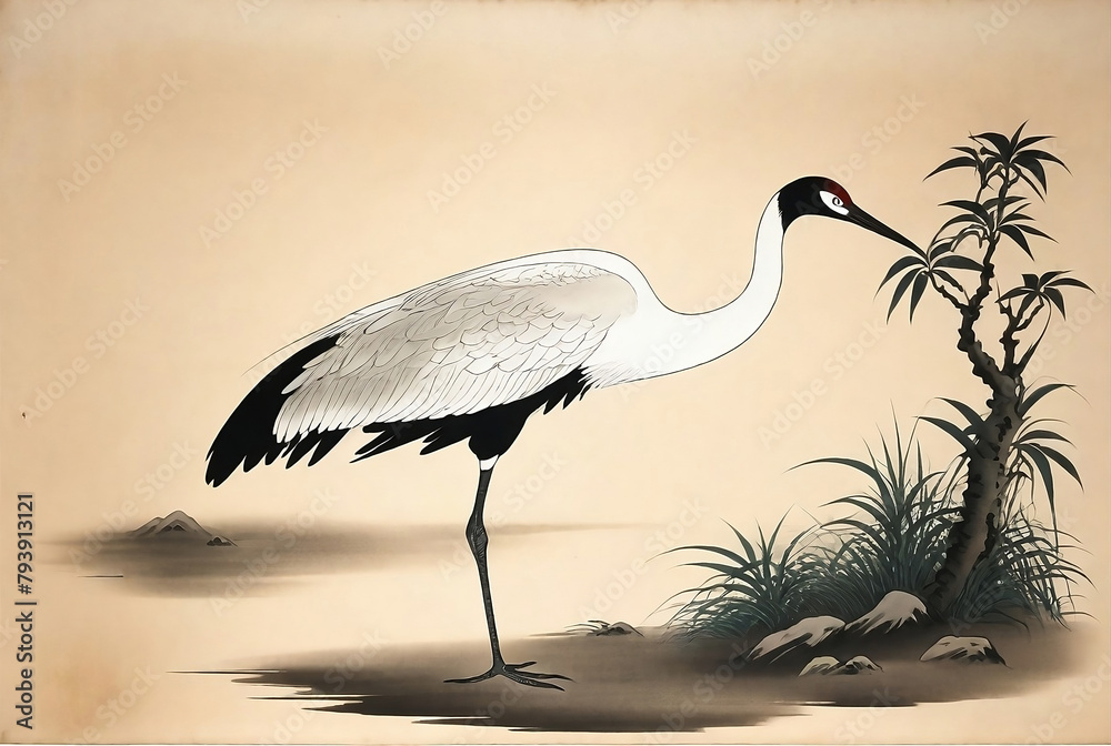 Fototapeta premium Vintage traditional Japanese painting, Crane – Tsuru . Painting on old paper background wallpaper created with generative ai