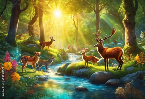 illustration, colorful cartoon forest playful animals gathering sparkling river under radiant sun, Colorful, Cartoon, Forest, Playful, Animals, Gathering, Around, River, © Yaraslava